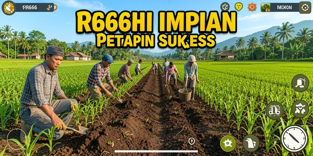 Screenshot gameplay RR666 menampilkan ladang pertanian yang subur dan hewan ternak.