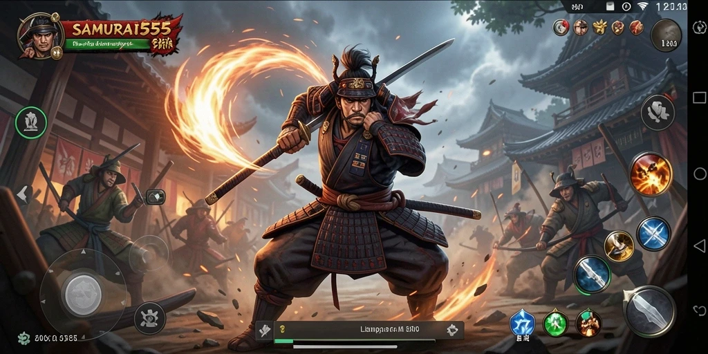Screenshot utama SAMURAI555 menampilkan pertarungan samurai yang mendebarkan.